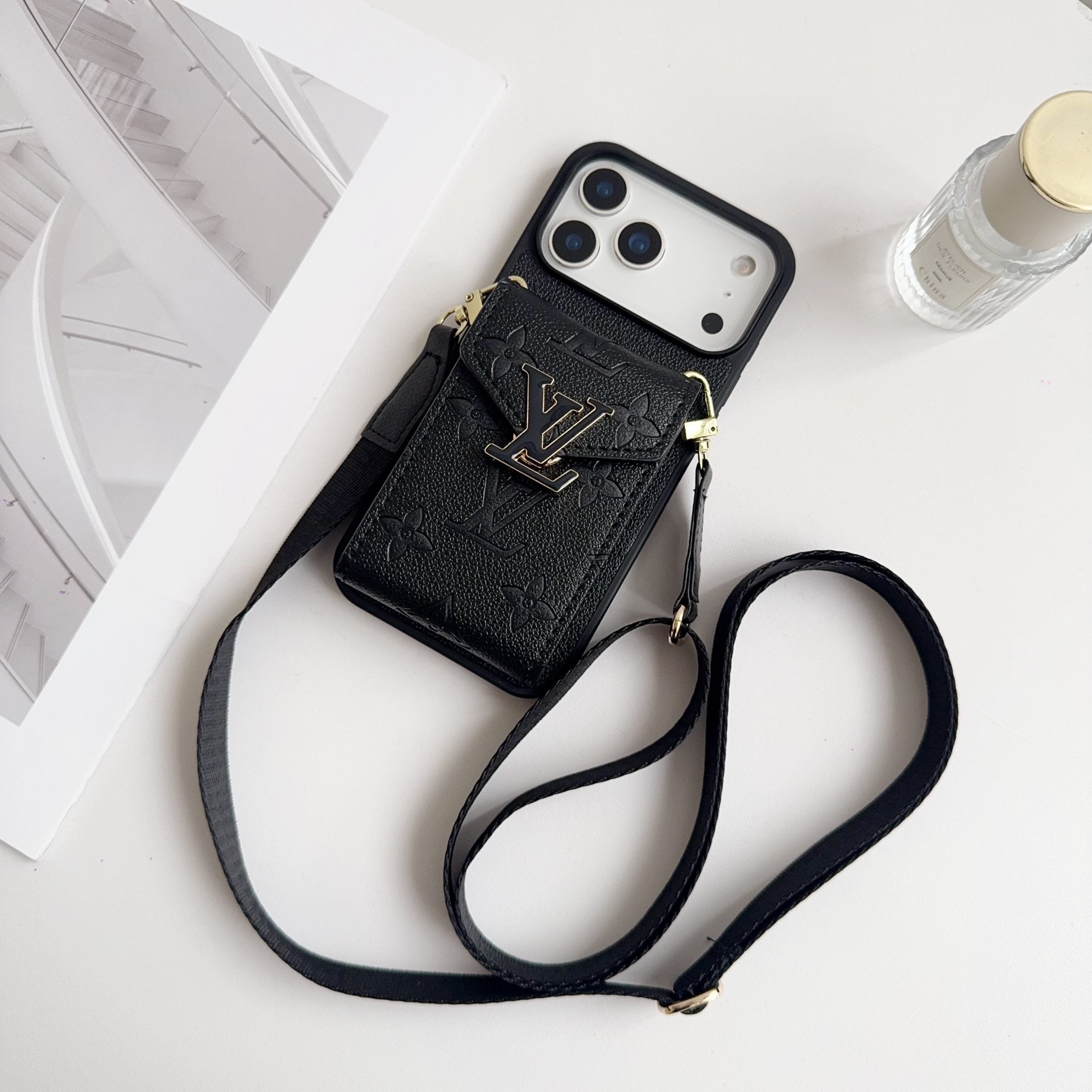 Black Leather Crossbody Designer Iphone 17 Phone Case