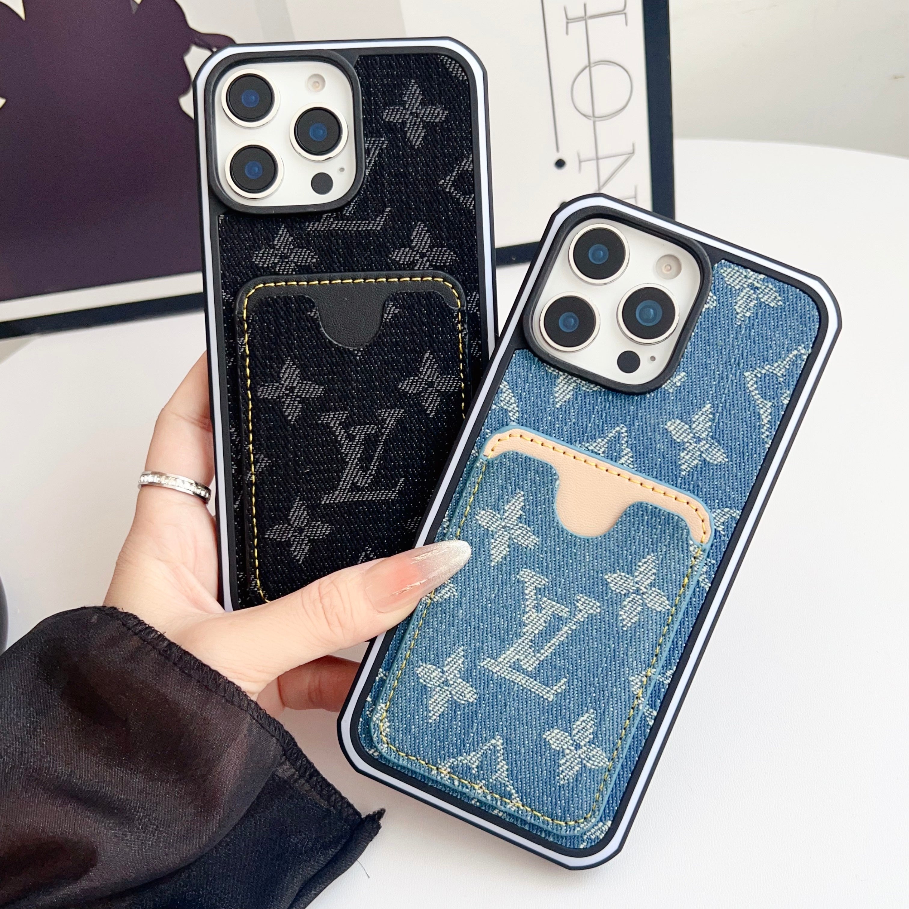 Fabric Lv Iphone Case Card Slot For 12-16 Pro Max