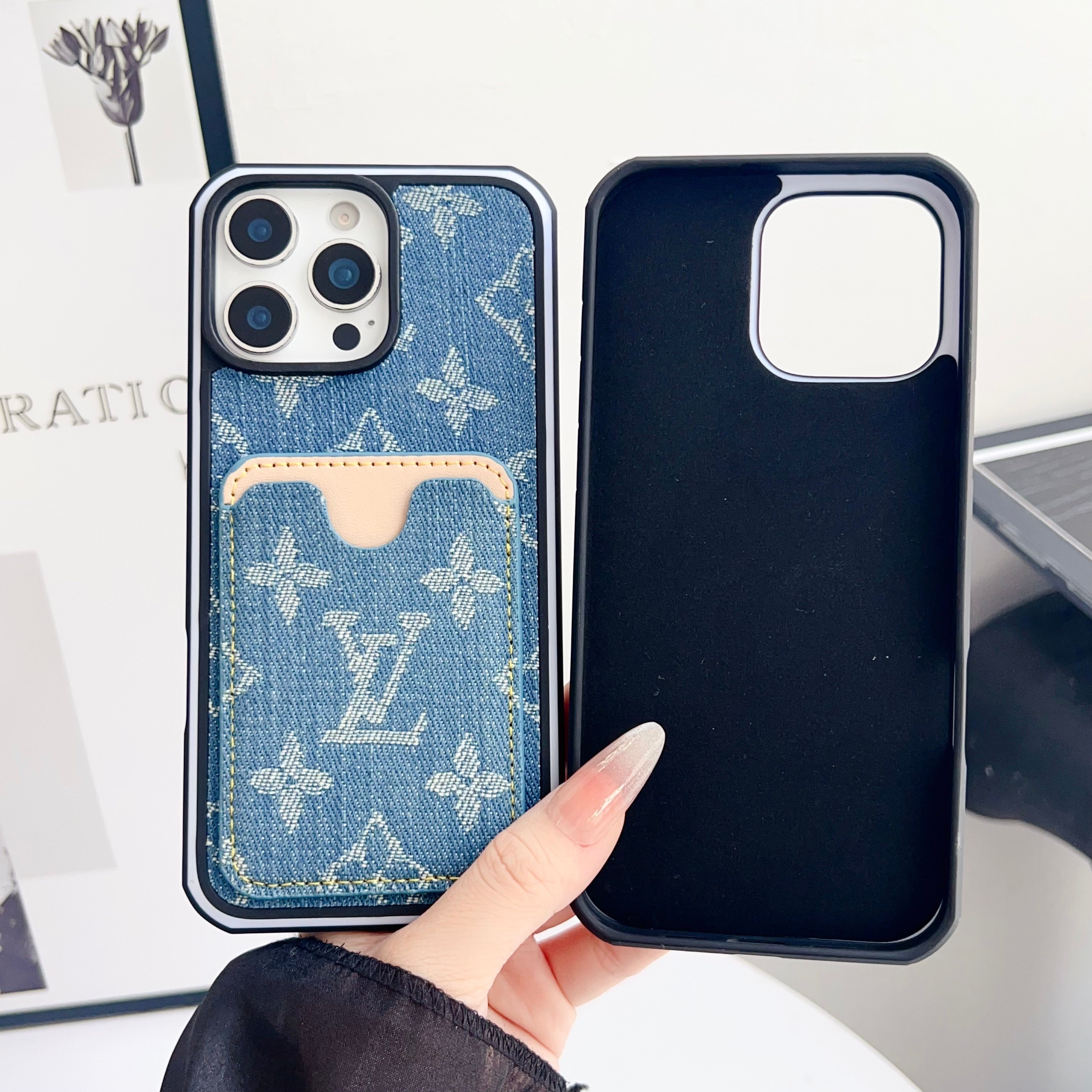 Fabric Lv Iphone Case Card Slot For 12-16 Pro Max