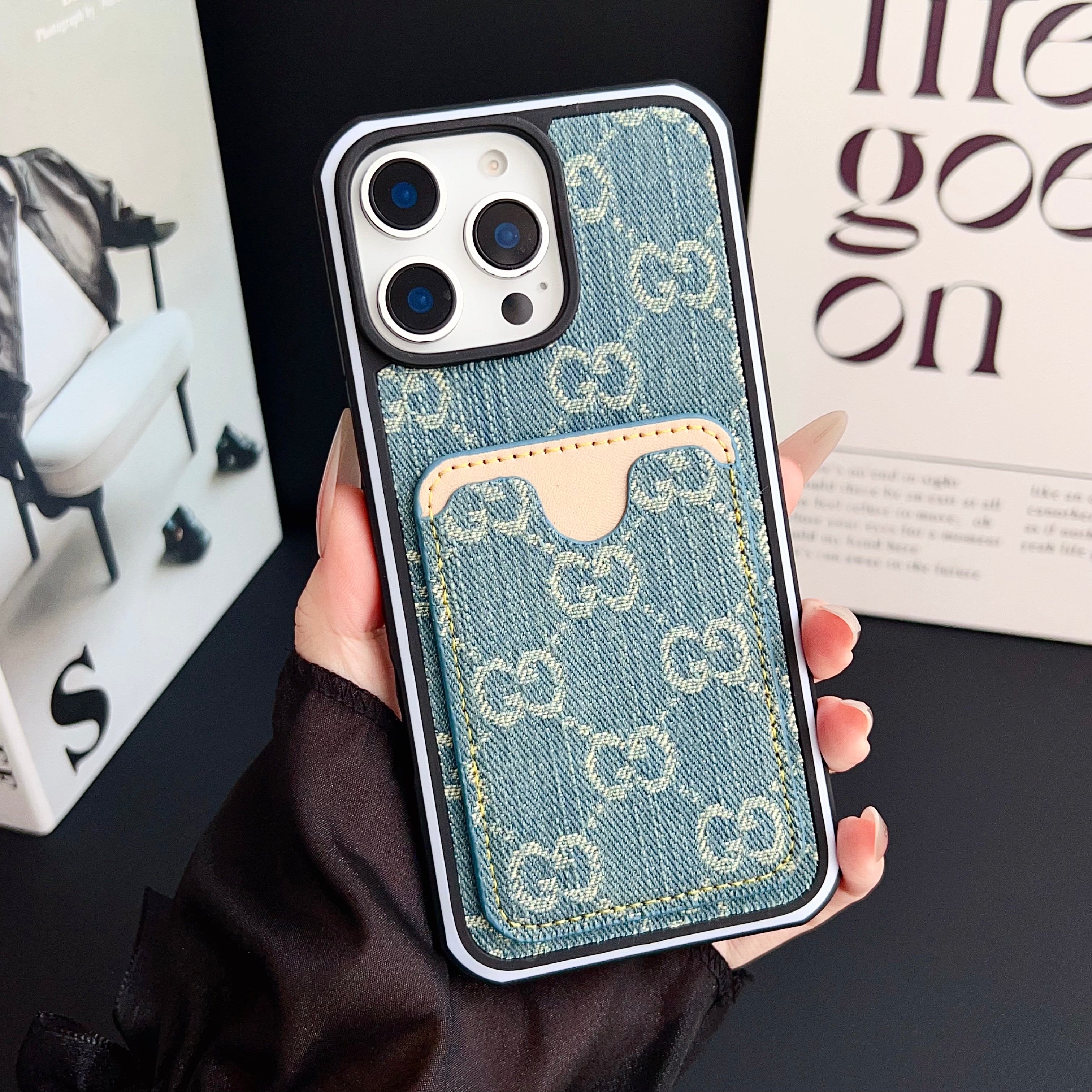 Gg Card Slot Denim Iphone Case For 12-16 Pro Max
