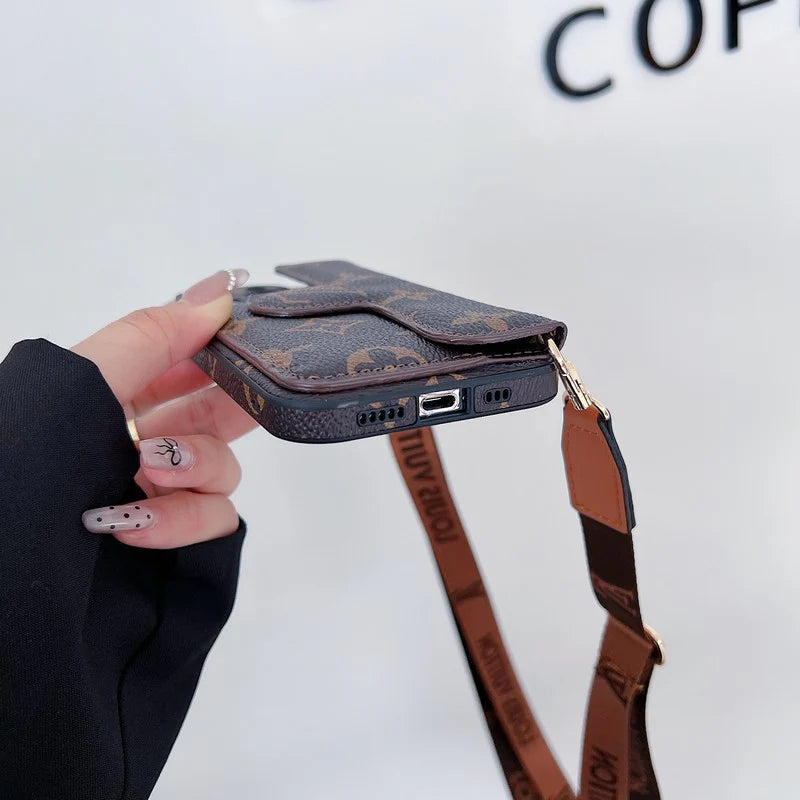 Monogram Leather Crossbody Phone Case Card Holder For Iphone