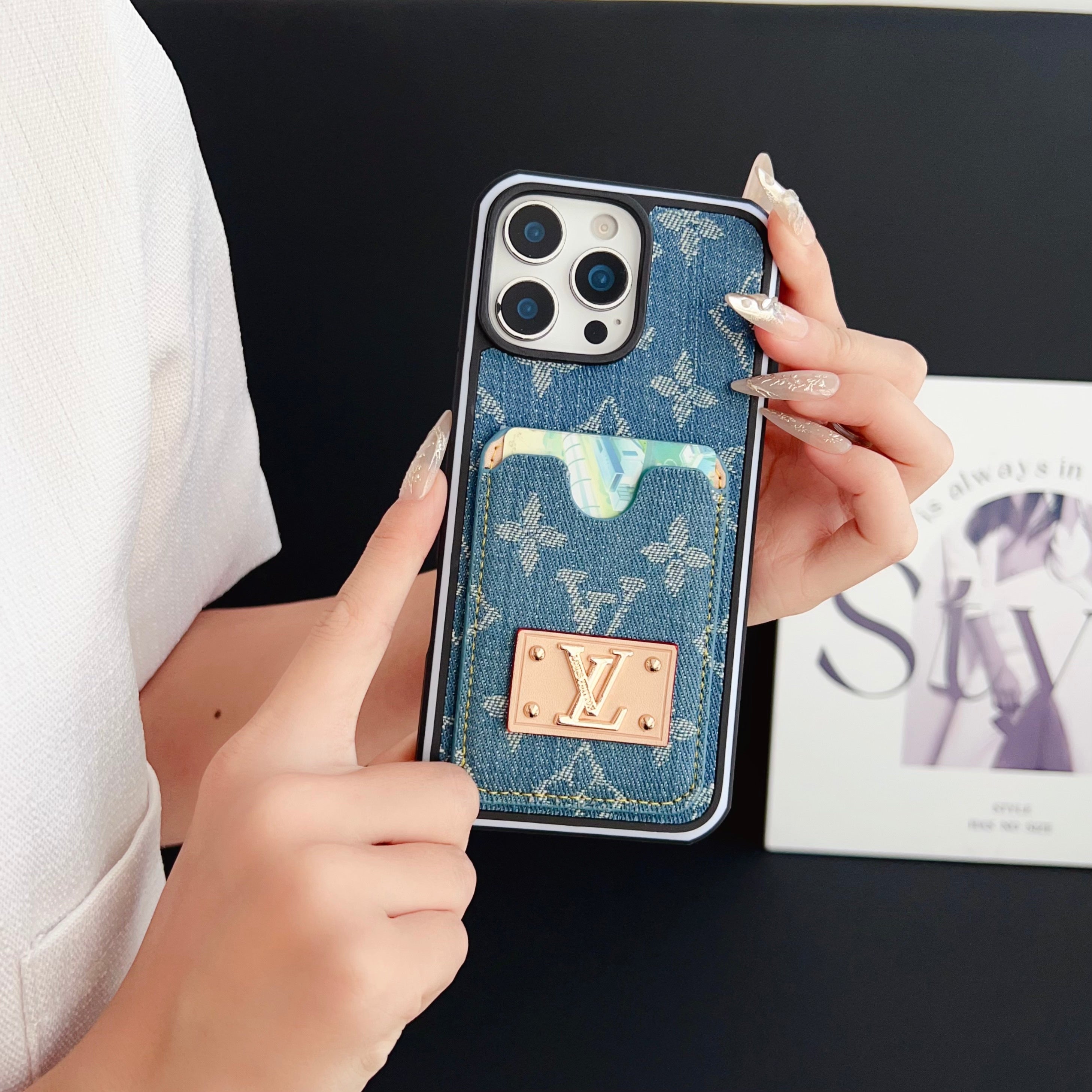 Lv Iphone Case Denim Card Holder For 12-16 Pro Max