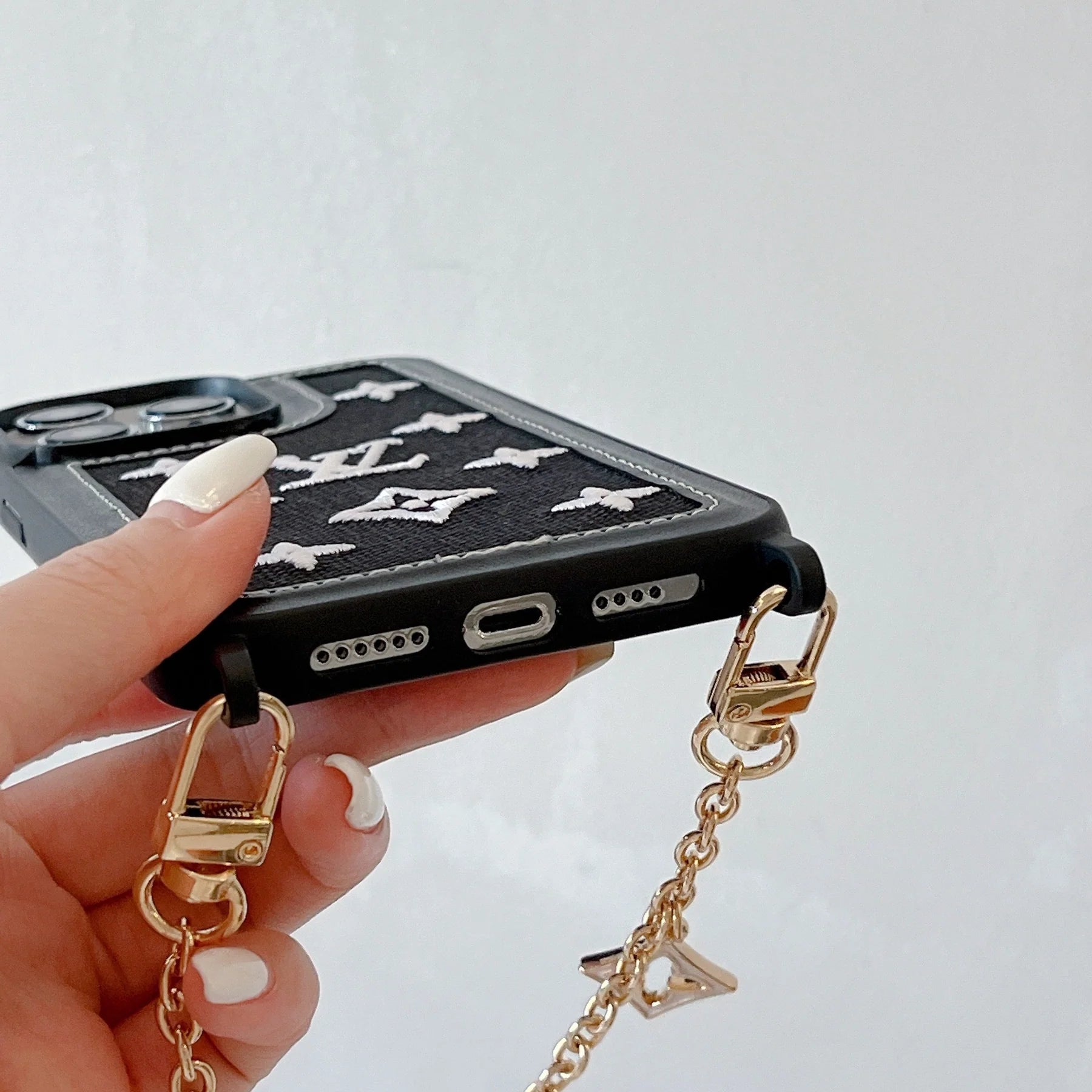 Fabric Leather Crossbody Chain Iphone Case With Ornament Charm